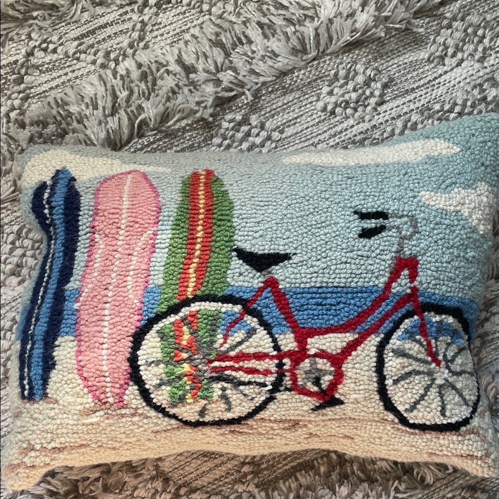 Colorful Beach Scene Wool Hooked Pillow